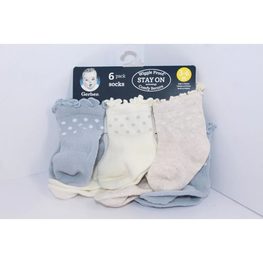 Gerber Wiggle Proof Stay On Infant Bootie Socks 0-3 Months Beige‎ Blue 6 Pack